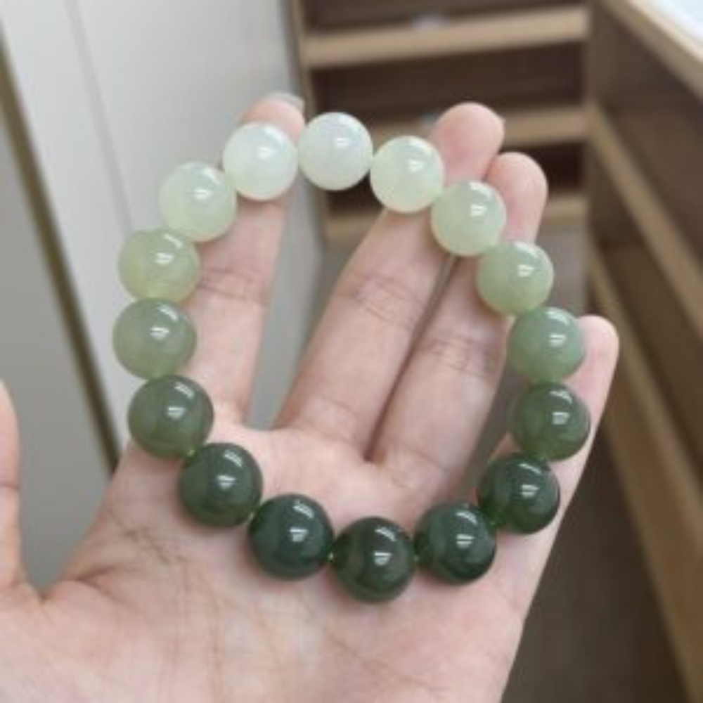 Gradient Nephrite Jade Bead Bracelet 12mm - Image 4