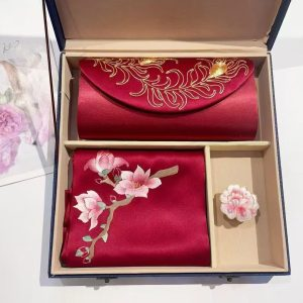 Hand-Embroidered Silk Scarf & Clutch Set - Image 10