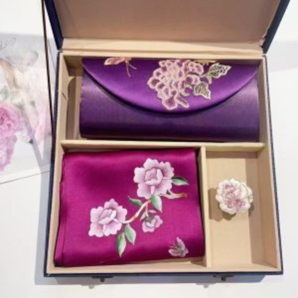 Hand-Embroidered Silk Scarf & Clutch Set - Image 4