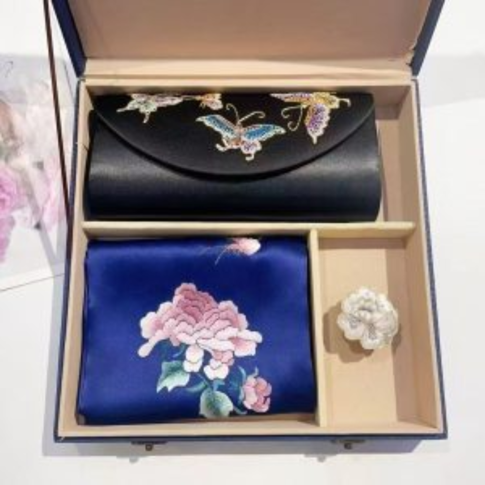 Hand-Embroidered Silk Scarf & Clutch Set - Image 9